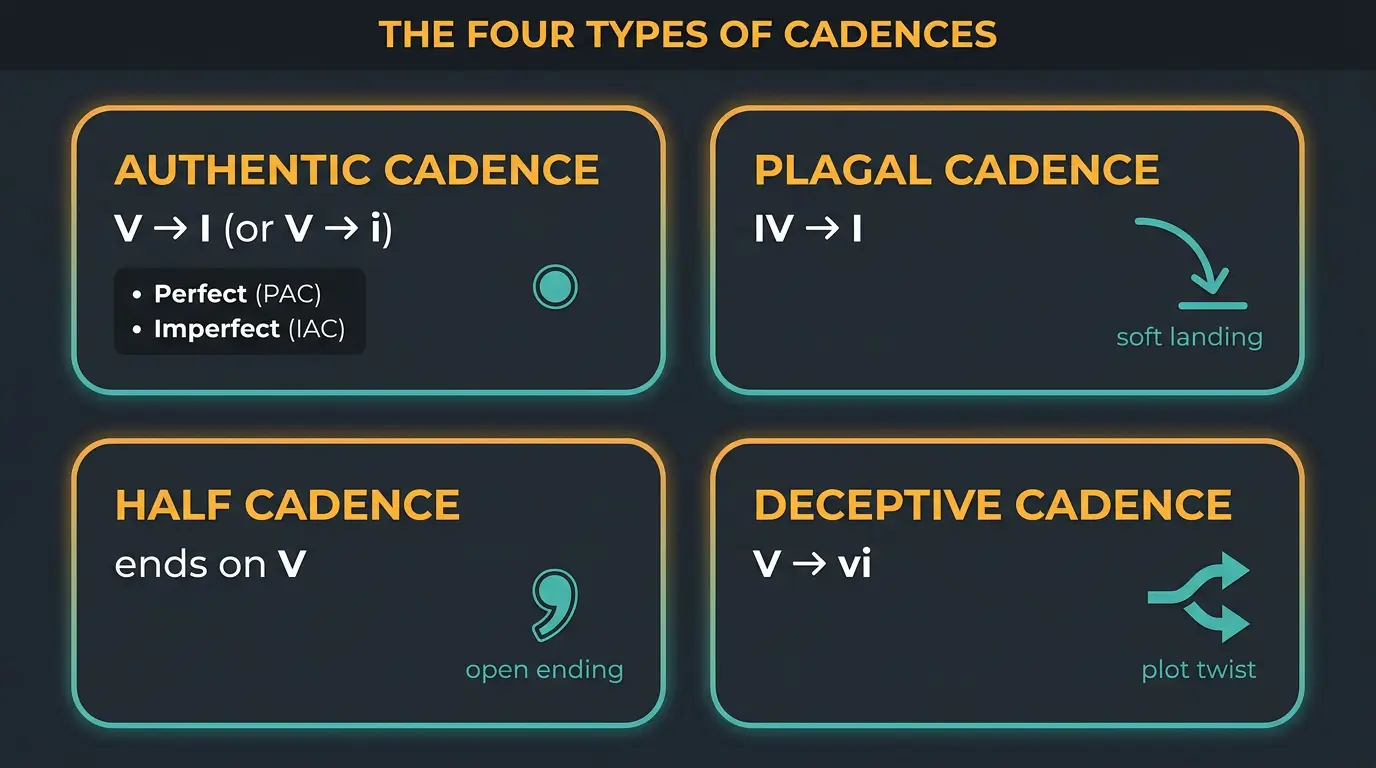 2x2 infographic of four cadence types: authentic, plagal, half, deceptive, with chords and punctuation icons.