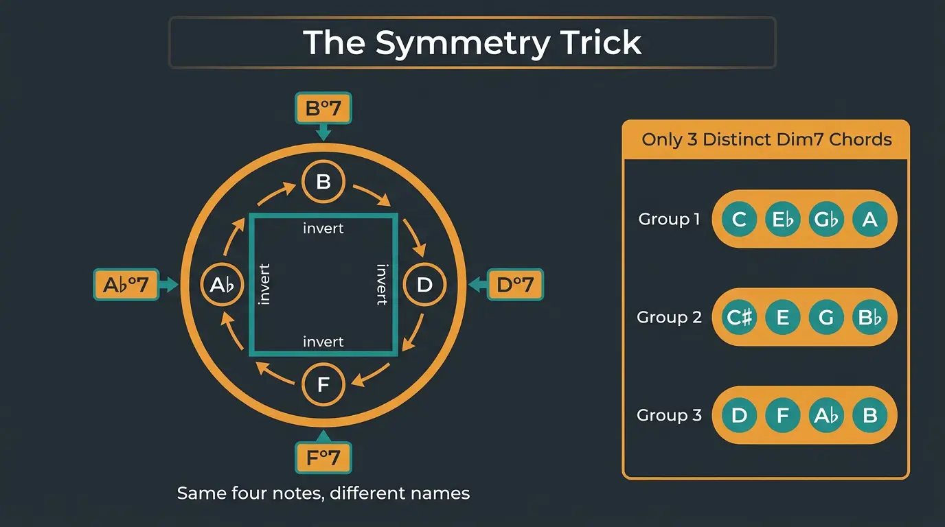 Infographic showing a dim7 chord's four notes as a symmetrical square, with inversions and three distinct dim7 chords.