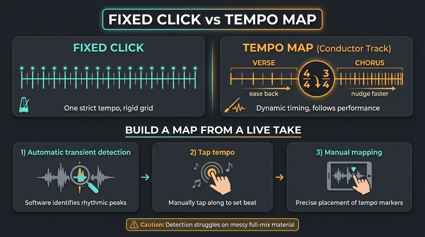 Infographic comparing an evenly-spaced fixed click to a variable tempo map, plus three methods to build a map from a live tak