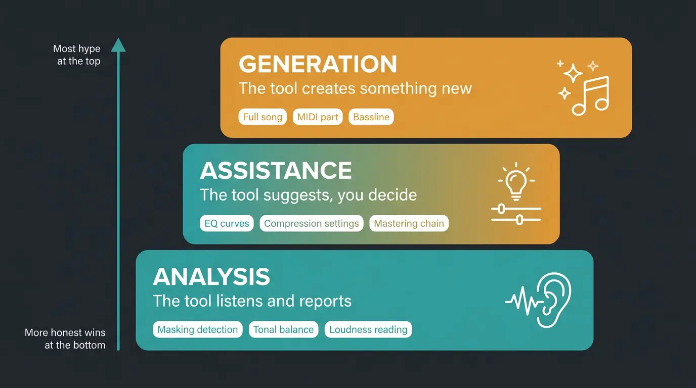 Three-tier infographic showing AI types in music production: Analysis, Assistance, and Generation with examples.