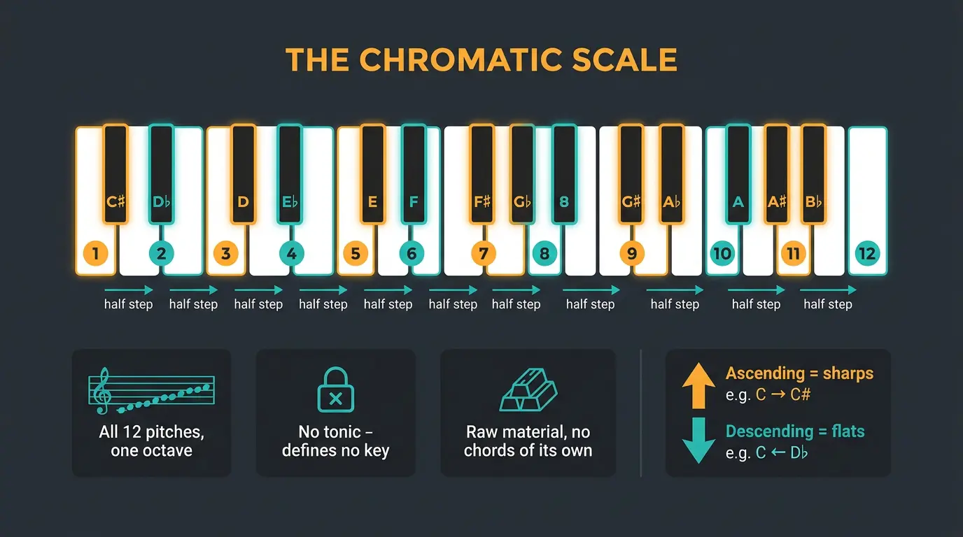 Infographic of a one-octave piano keyboard with all 12 keys numbered as equal half steps, defining the chromatic scale.