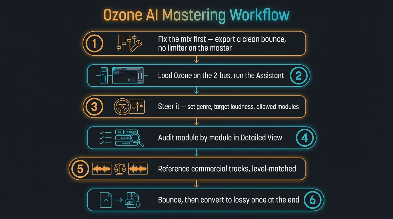 Vertical infographic showing 6 numbered steps of an Ozone AI mastering workflow from mix fix to final lossy export.