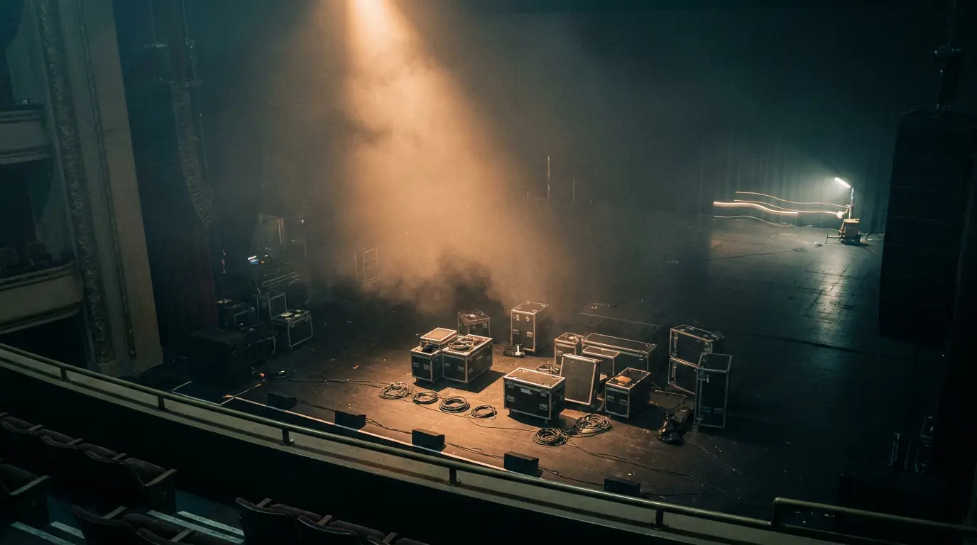 Empty concert stage lit by a single warm shaft of light through haze, cables scattered in blue shadow