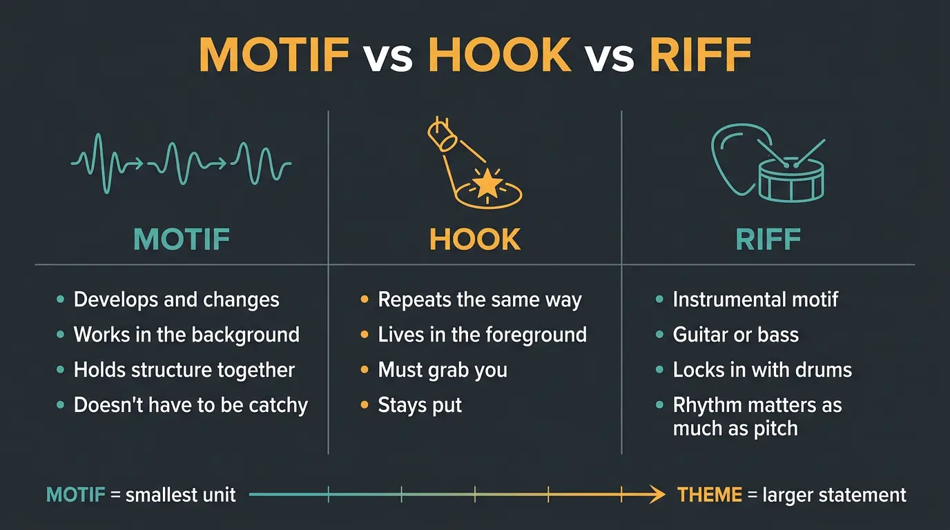 Infographic comparing motif, hook, and riff in three columns with icons and a motif-to-theme scale bar.