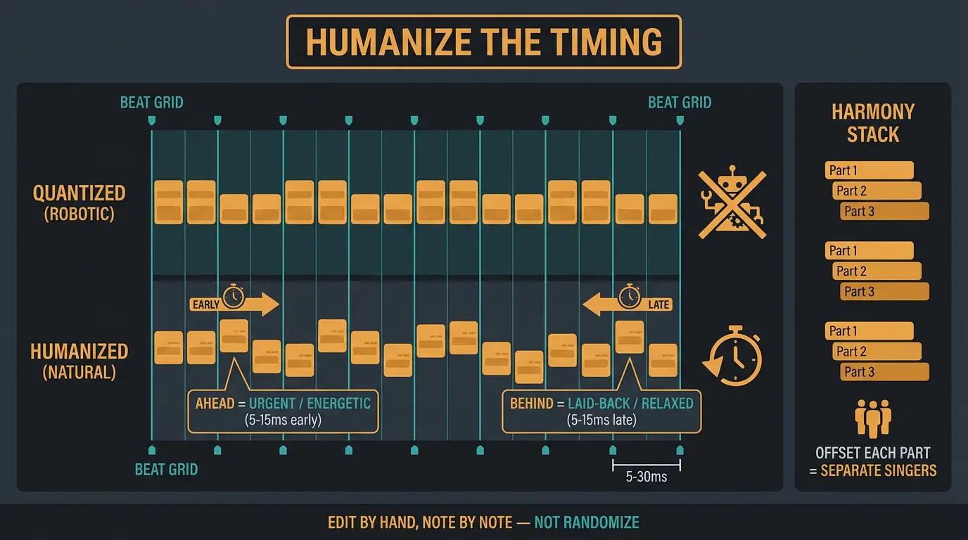 Infographic comparing quantized vocals snapped to a beat grid versus humanized vocals nudged 5-15ms early or late, with offse