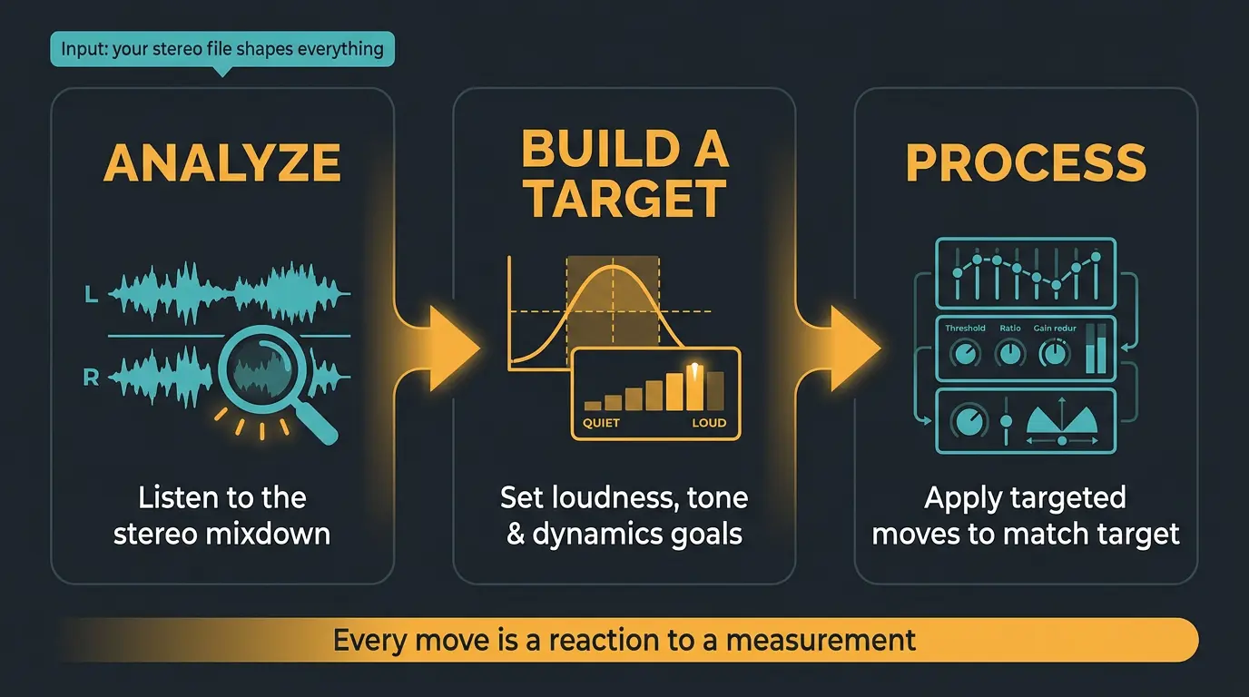 Three-stage infographic: Analyze, Build a Target, Process, showing the AI mastering pipeline flow.