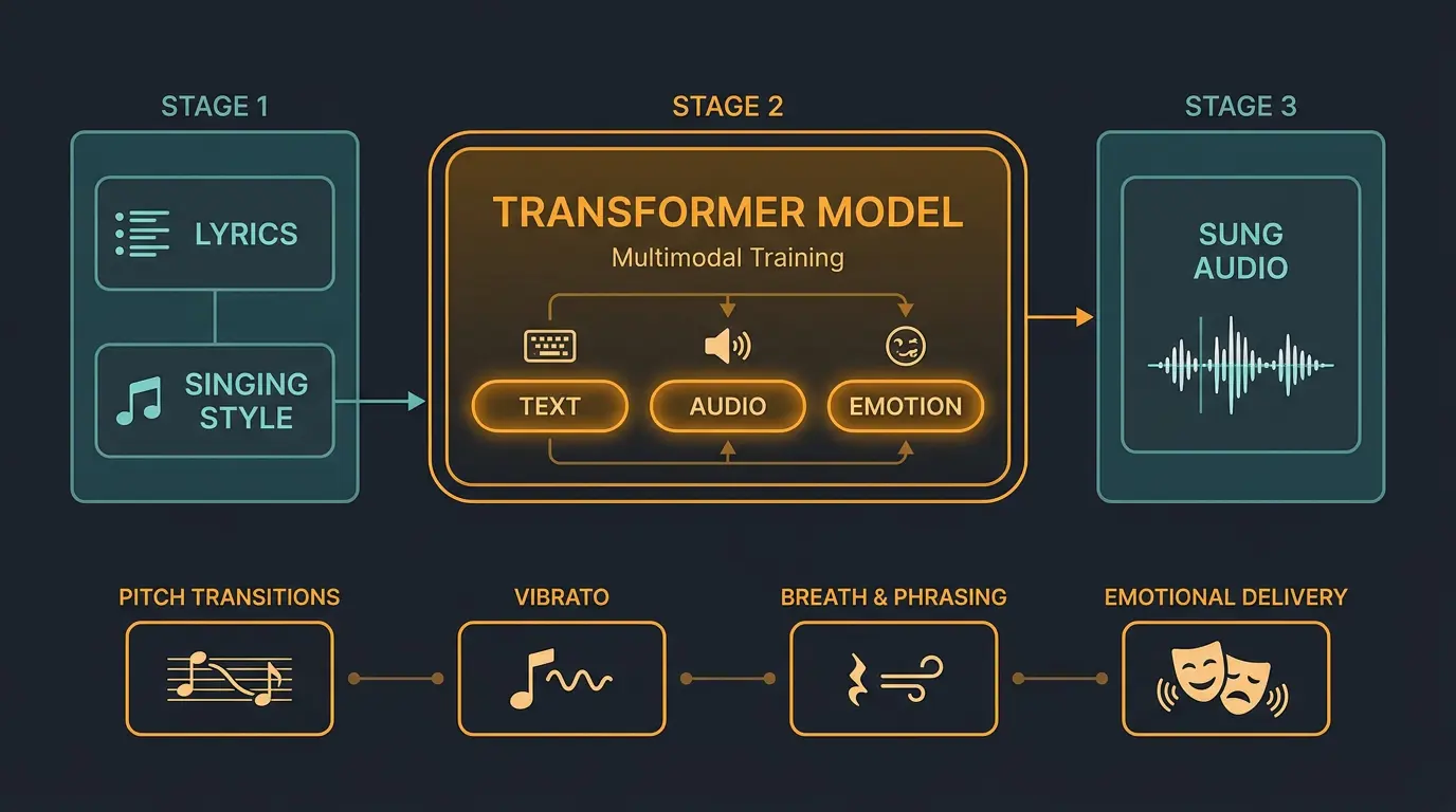 Infographic of AI vocal synthesis pipeline: lyrics and style feed a transformer model producing sung audio, modeling pitch, v