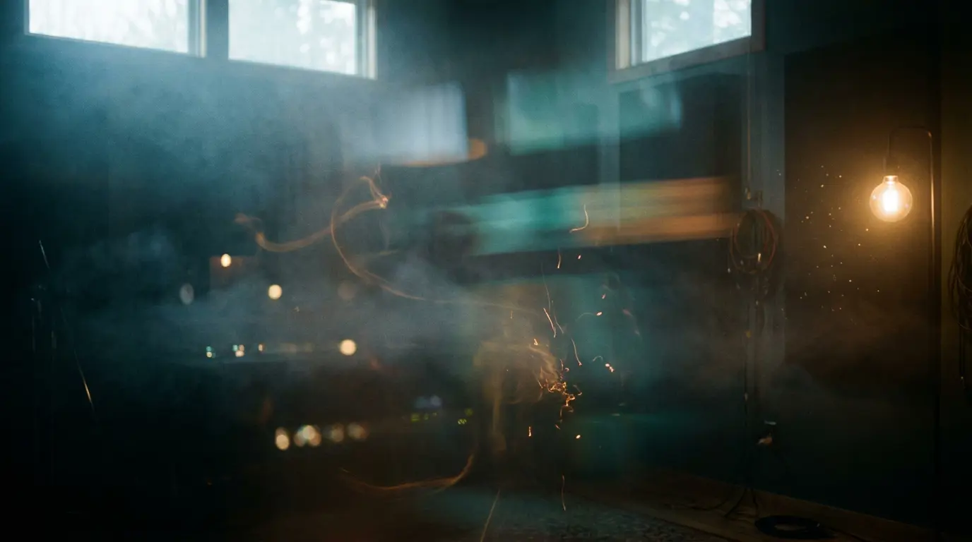 Hazy dark studio with amber and teal light trails smearing into shadow, a single warm bulb glowing low