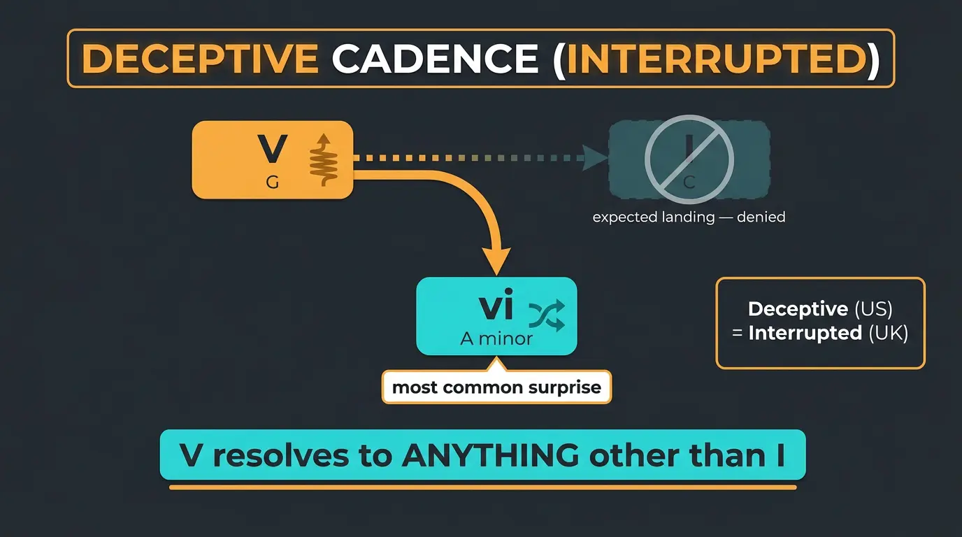 Infographic showing V chord (G) branching from a denied I (C) to a surprise vi (A minor) deceptive cadence.