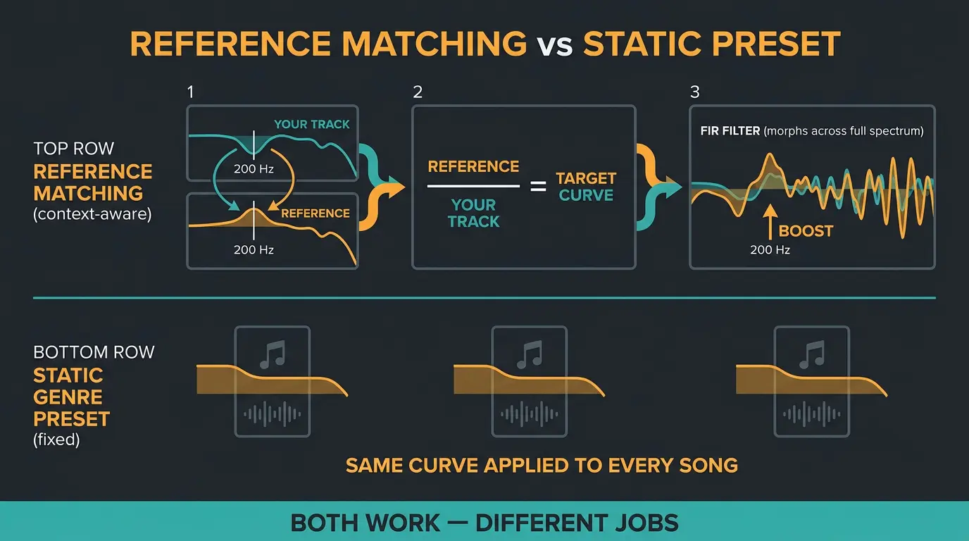 Infographic comparing context-aware reference matching using a FIR target curve against a fixed static genre EQ preset.