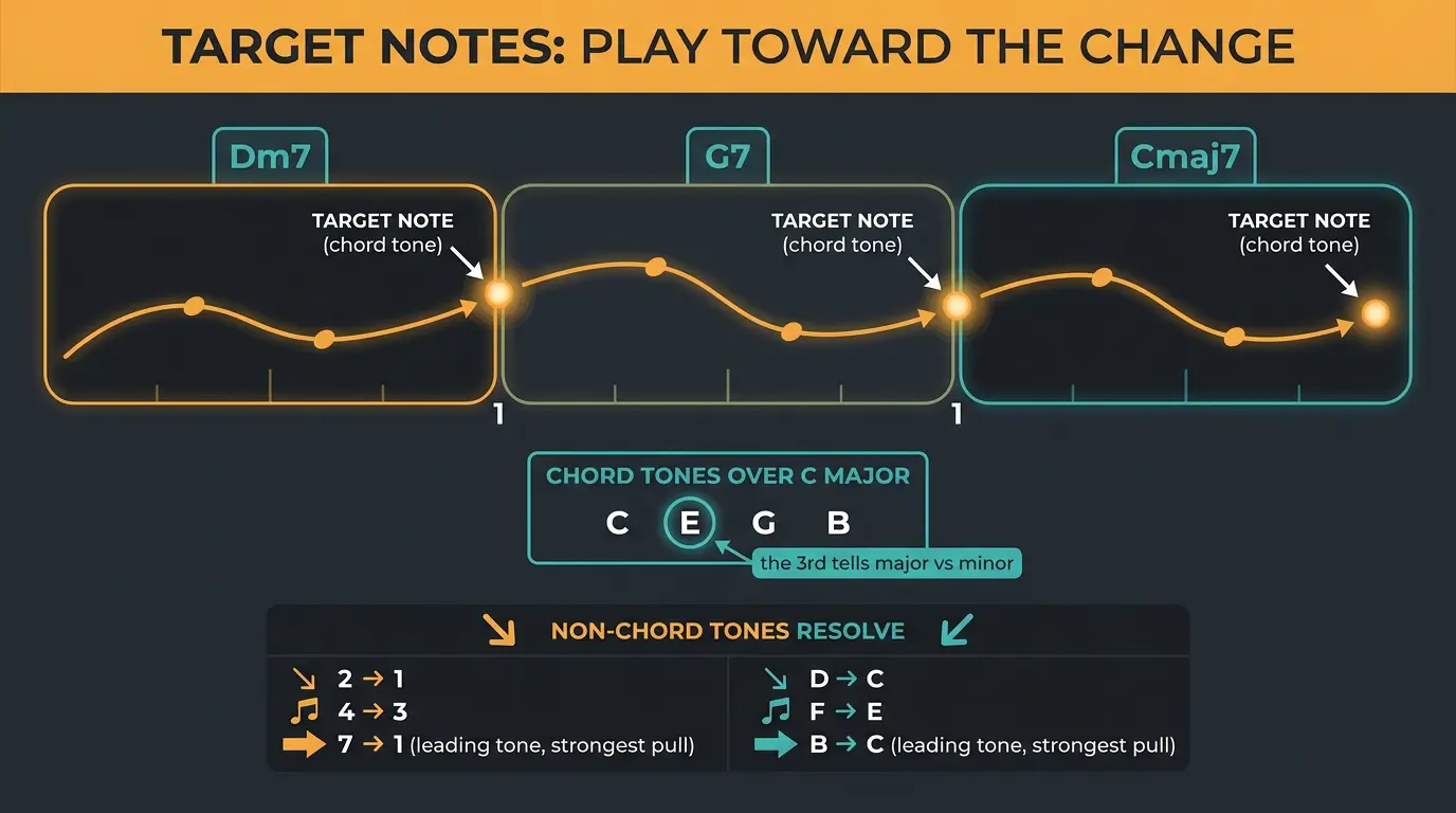 Infographic showing a II-V-I chord timeline with melody lines landing on target chord tones, plus a note-resolution chart.