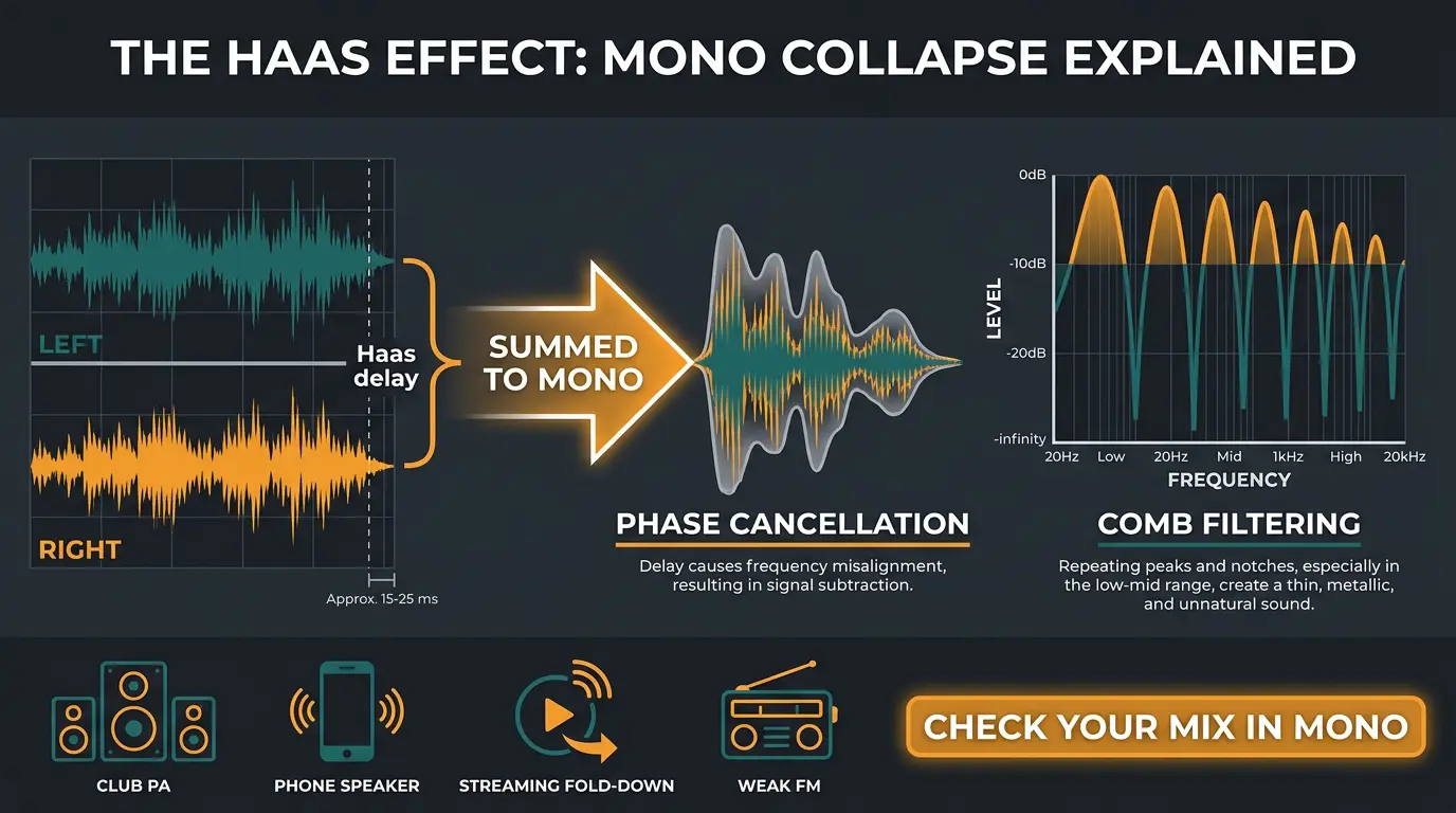Infographic showing stereo Haas delay summing to mono, causing phase cancellation and comb filtering, plus mono playback devi