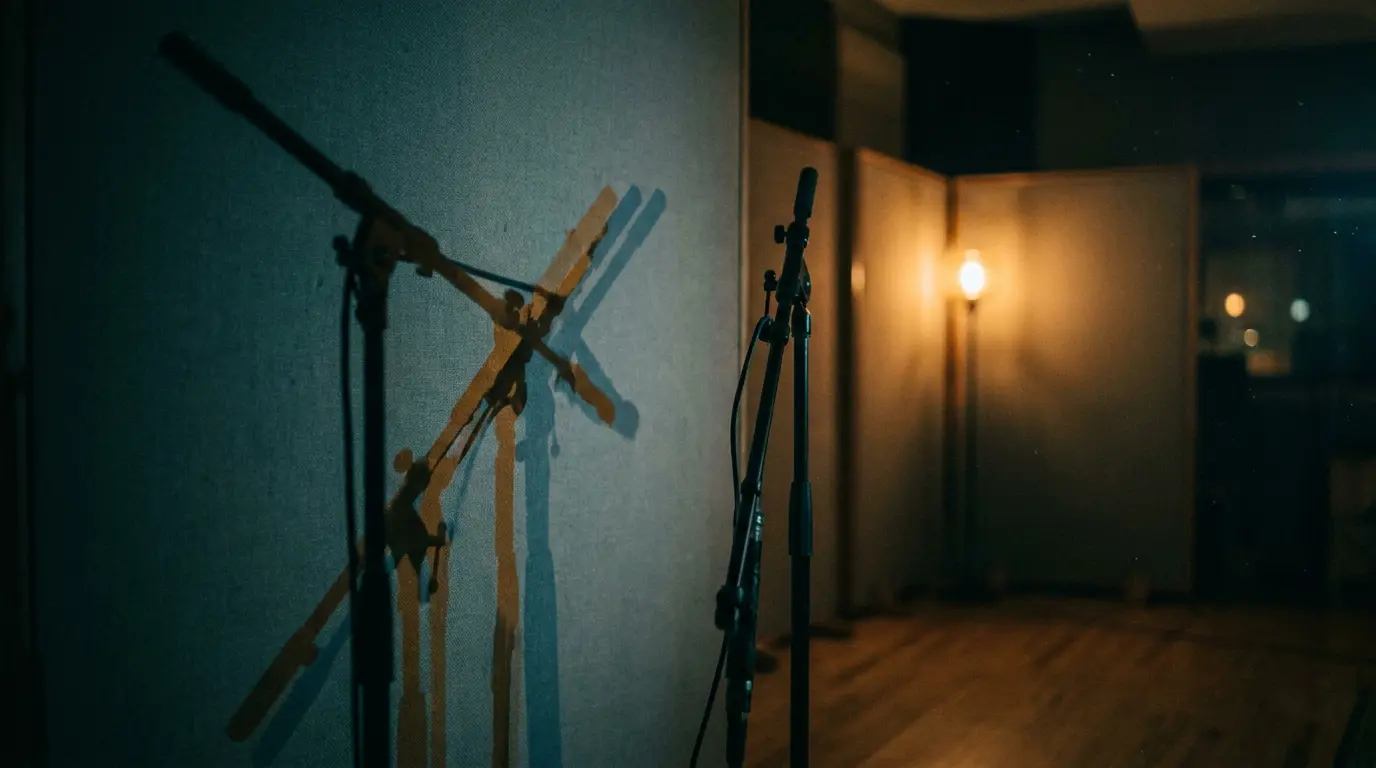 Two silhouetted mic stands in a dim studio, their overlapping shadows glowing warm and cool on the wall.