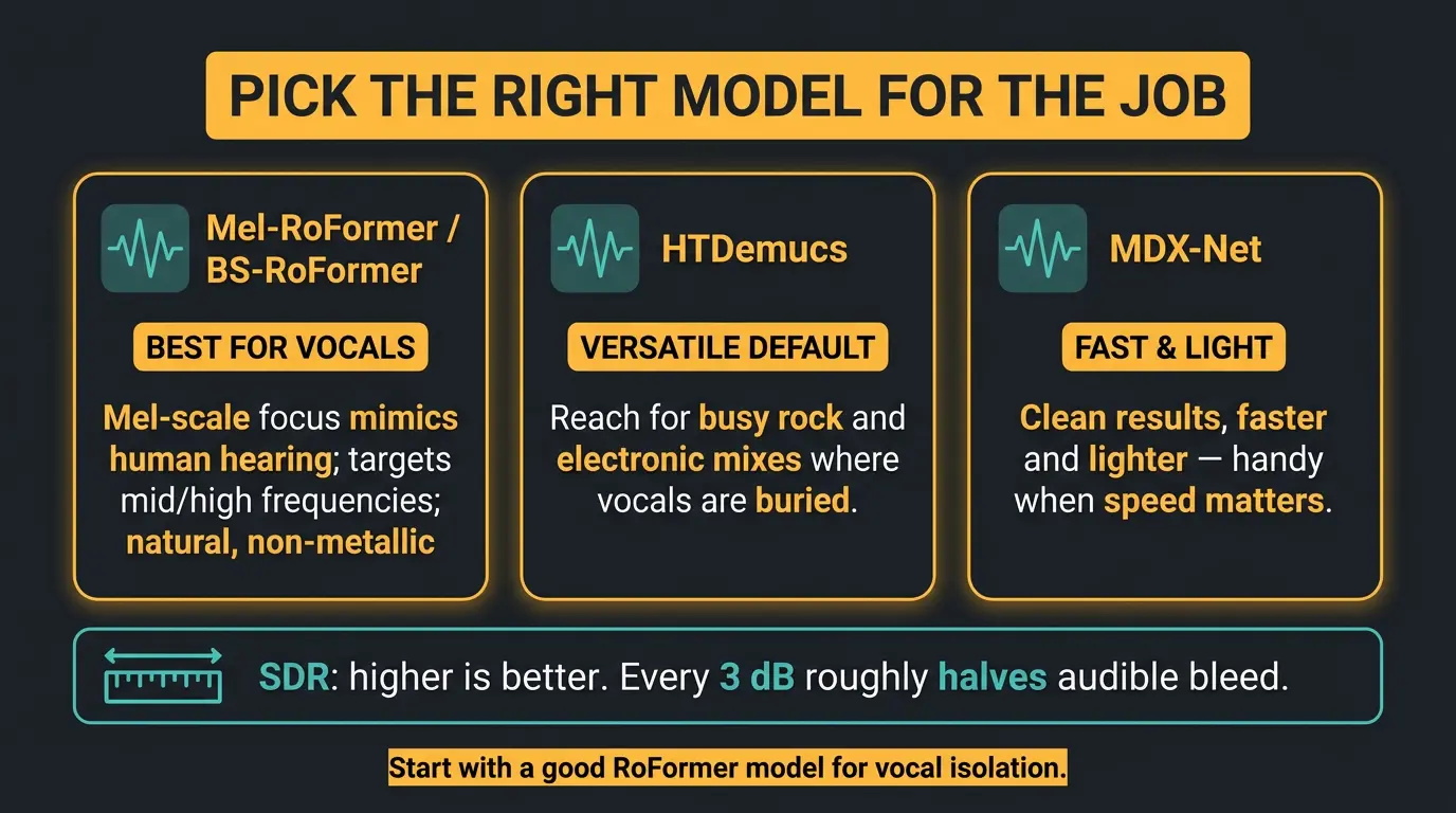 Infographic comparing Mel-RoFormer, HTDemucs, and MDX-Net vocal separation models with SDR note.