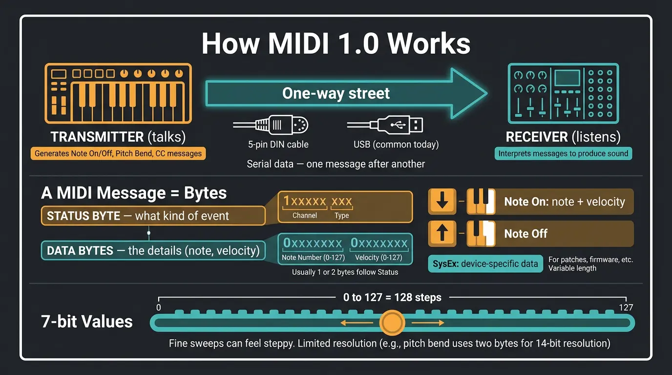 Infographic showing MIDI 1.0 one-way signal flow, status and data bytes, and 7-bit 0-127 value range.