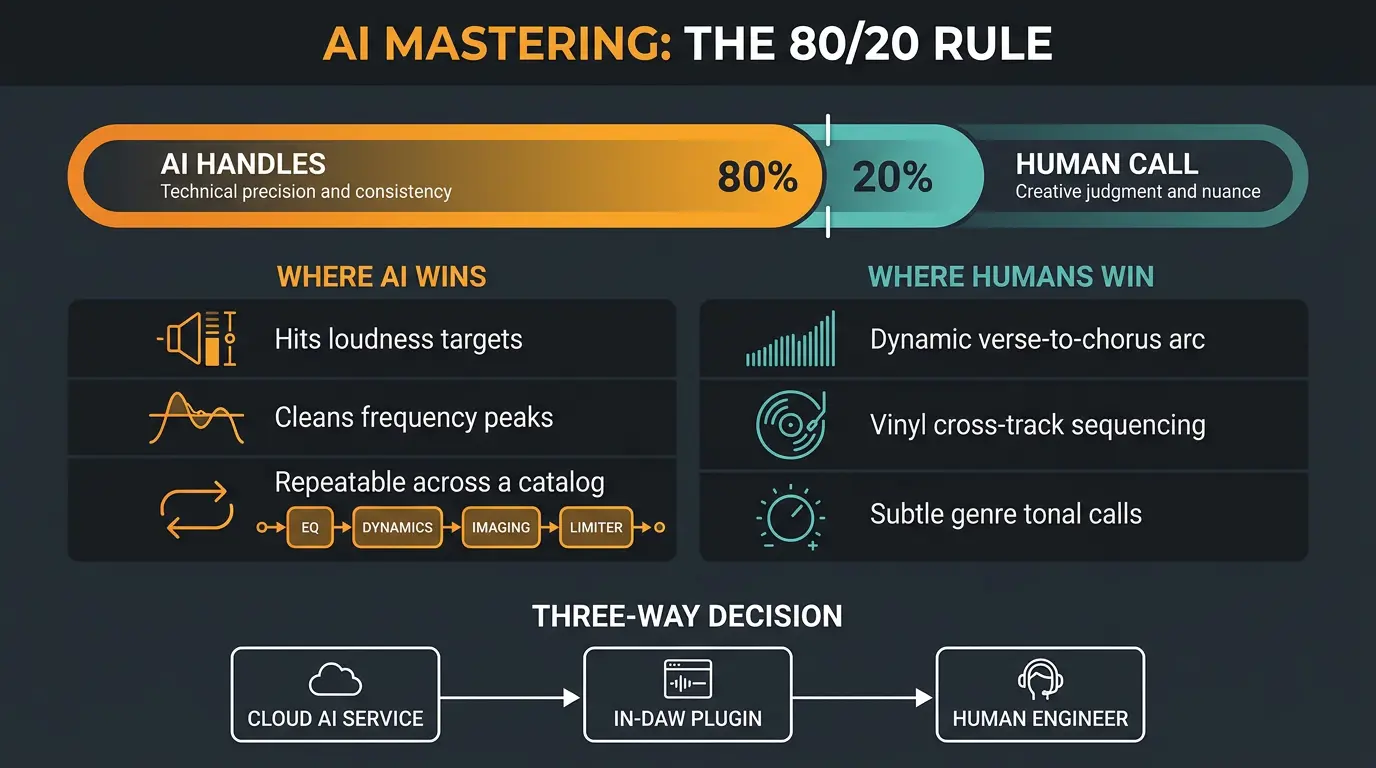 Infographic showing AI mastering handles 80% technical tasks while humans handle 20% dynamic and creative calls, plus a signa