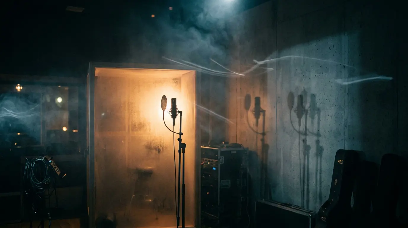 Empty vocal booth at night, lone mic silhouette with ghostly repeated shadows in hazy blue and amber light.