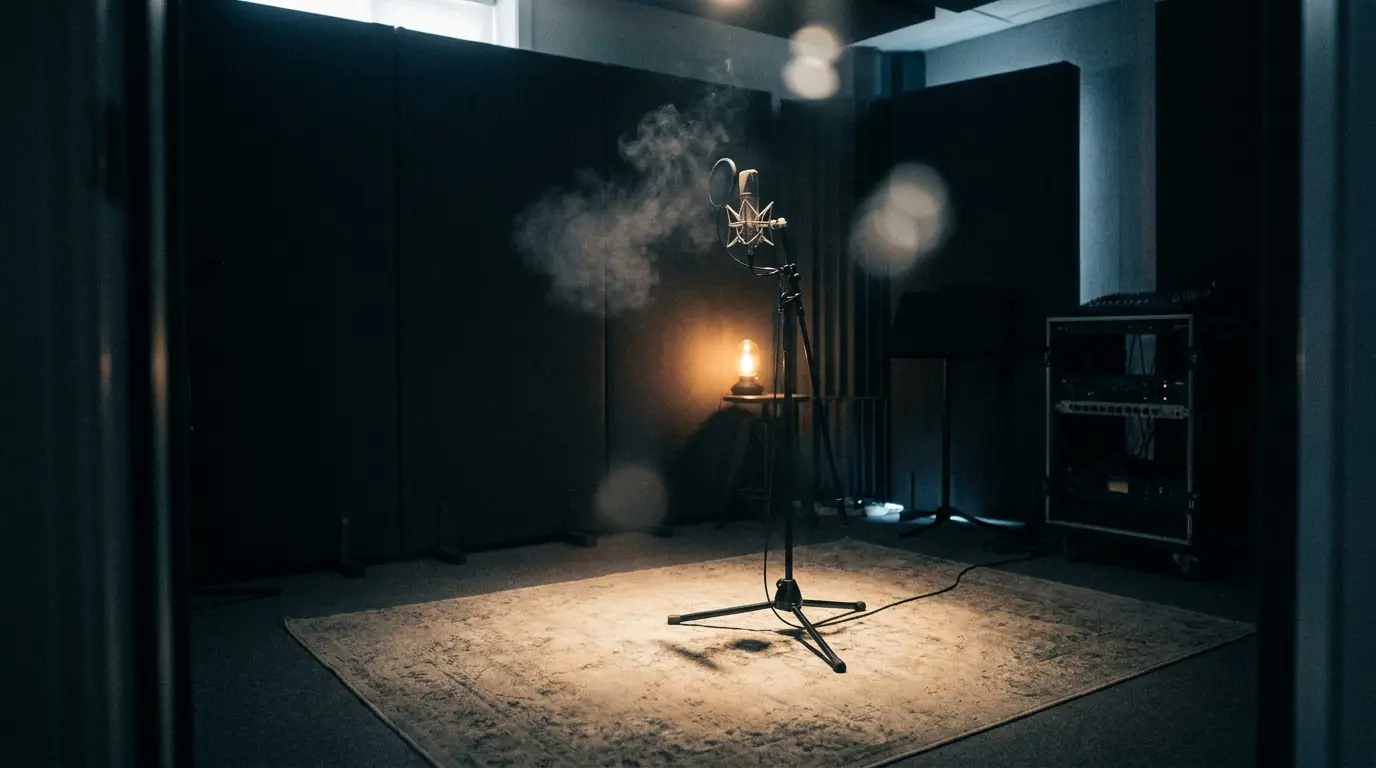 A lone studio microphone in dim teal light with a faint cloud of breath vapor drifting through a warm amber glow.