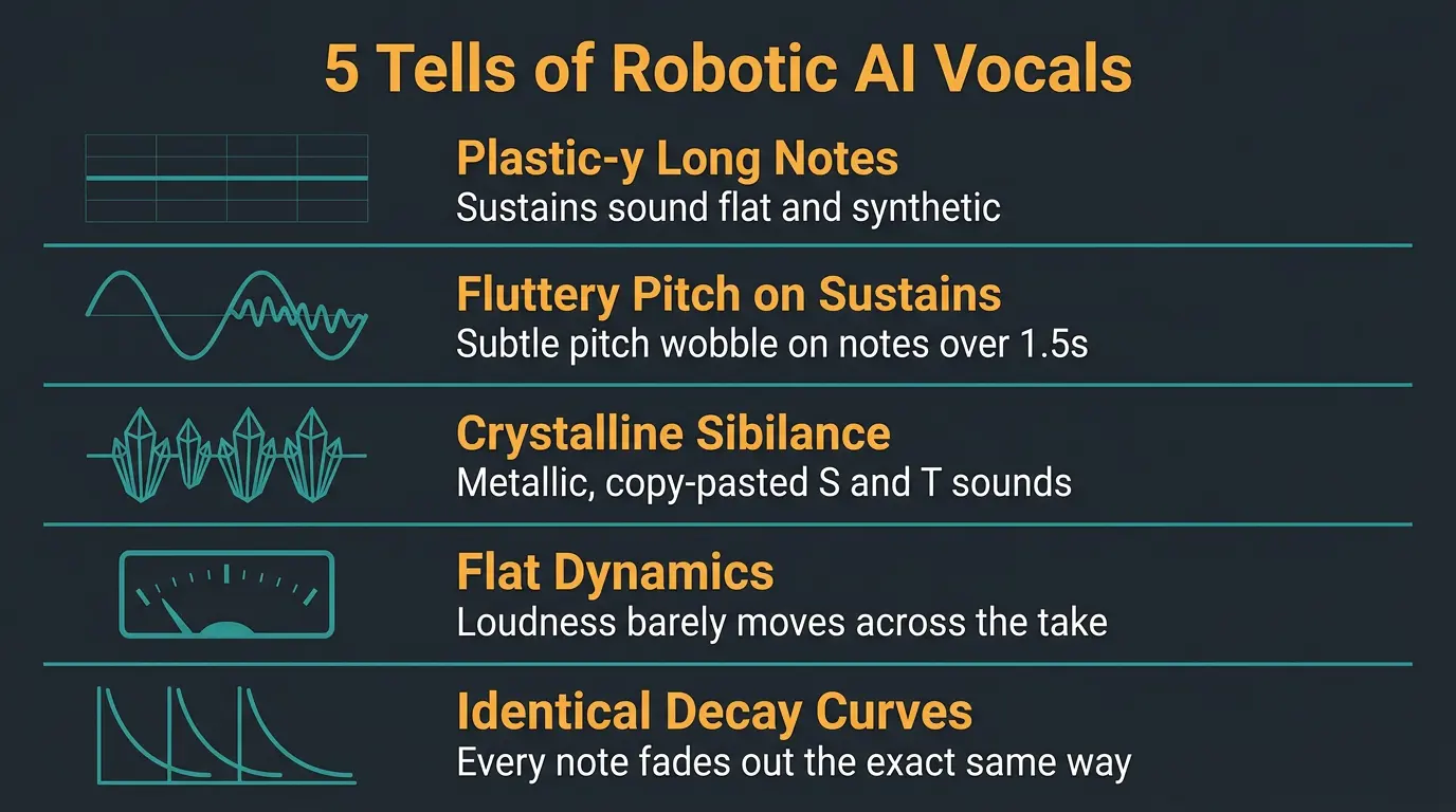 Infographic listing five signs AI vocals sound robotic, each with an icon, label, and short caption.