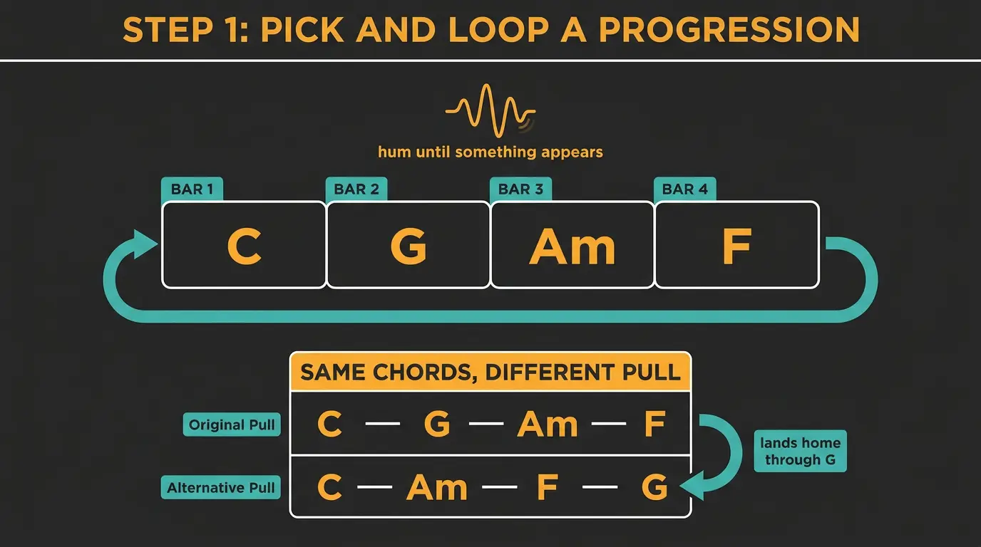 Infographic of a four-bar C-G-Am-F loop with a repeat arrow and a comparison of two chord orders.