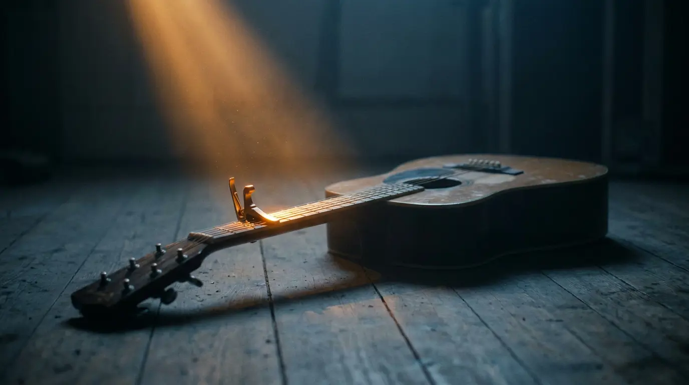 Acoustic guitar with a capo on the neck, lit by a warm beam through drifting dust in a dark studio.