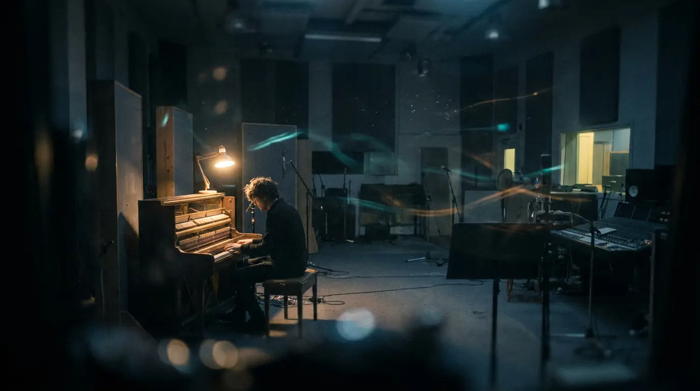 Lone musician at a piano lit by warm light in a dark studio, cold shadows and drifting light trails around them