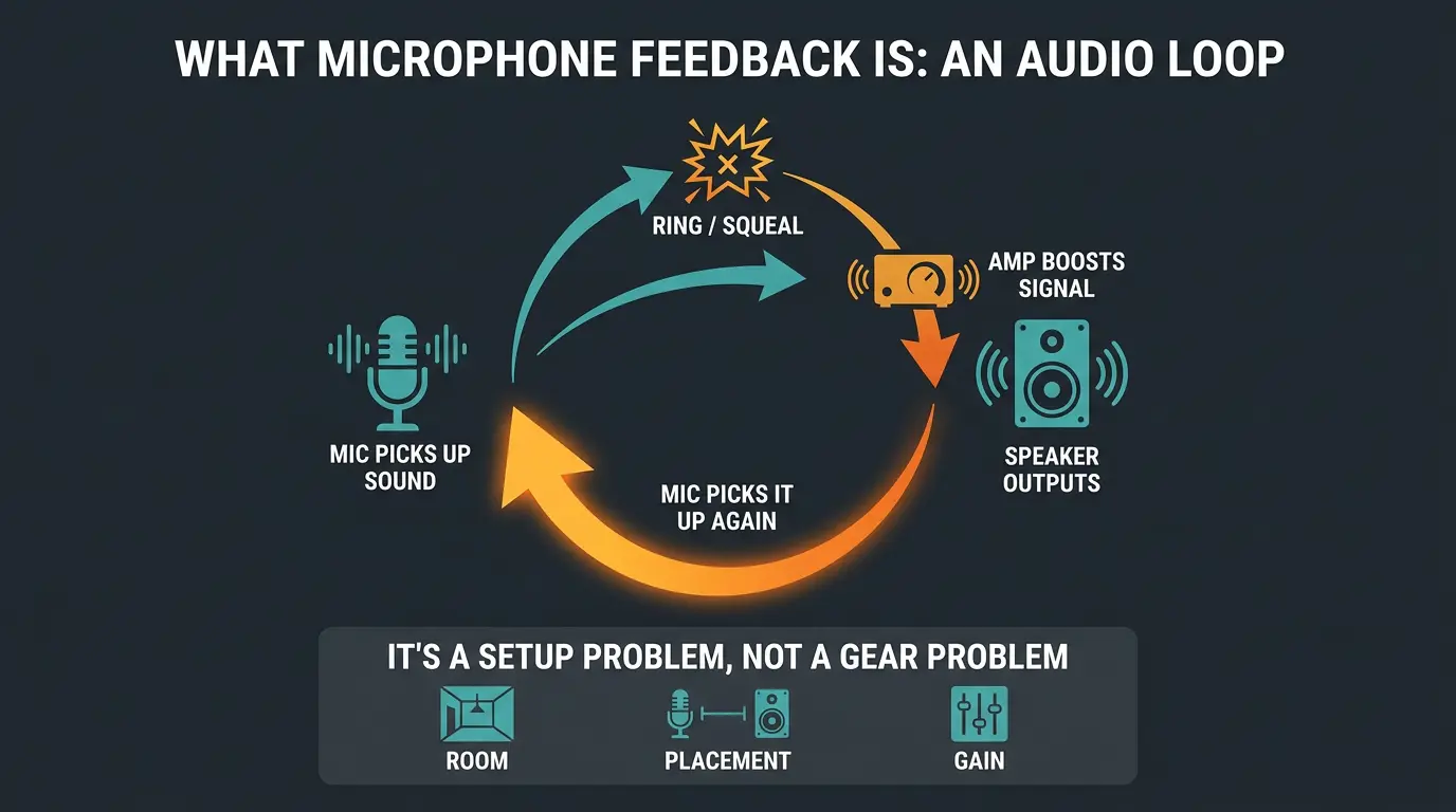 Infographic showing a mic-amp-speaker feedback loop with growing arrows and a note that feedback is a setup problem.