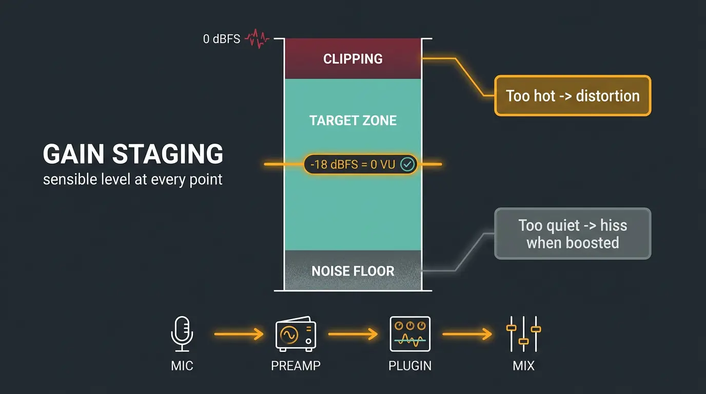 Vertical meter infographic showing clipping zone, teal target zone at -18 dBFS, and noise floor, with a mic-to-mix signal cha