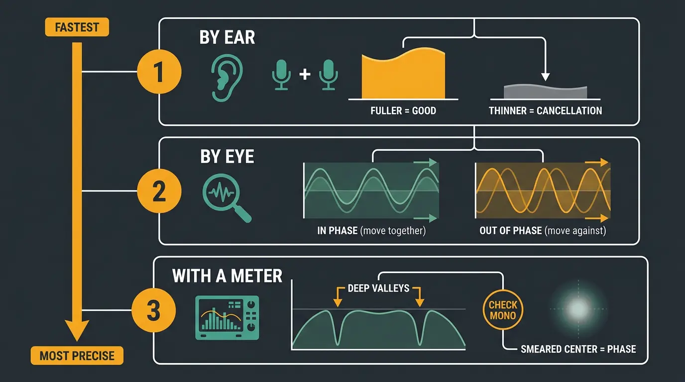 Three-panel infographic showing how to detect phase cancellation by ear, by eye with waveforms, and with a spectrum meter.
