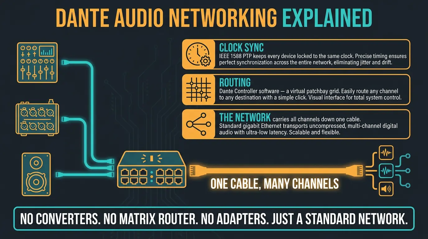 Infographic showing Dante devices connected to a network switch, with panels for clock sync, routing, and network.