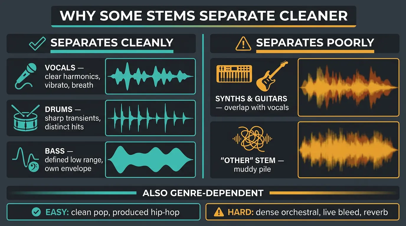 Infographic comparing clean-separating vocals, drums, bass versus poorly-separating synths and 'other' stem, plus genre diffi