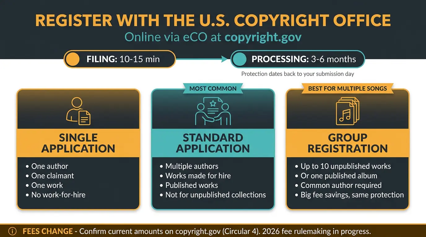 Infographic comparing Single, Standard, and Group copyright registration options with filing times and a fee-check warning.