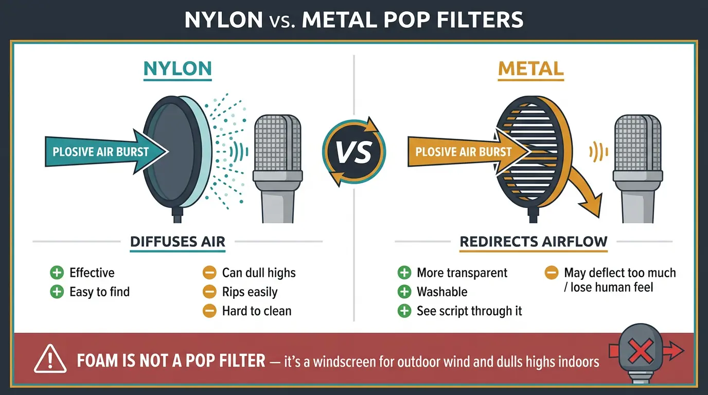 Infographic comparing nylon diffusing and metal redirecting pop filters, plus a note that foam is a windscreen.