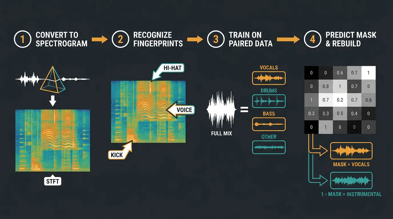 Four-step infographic of AI vocal removal: spectrogram conversion, fingerprint recognition, paired training, and mask predict