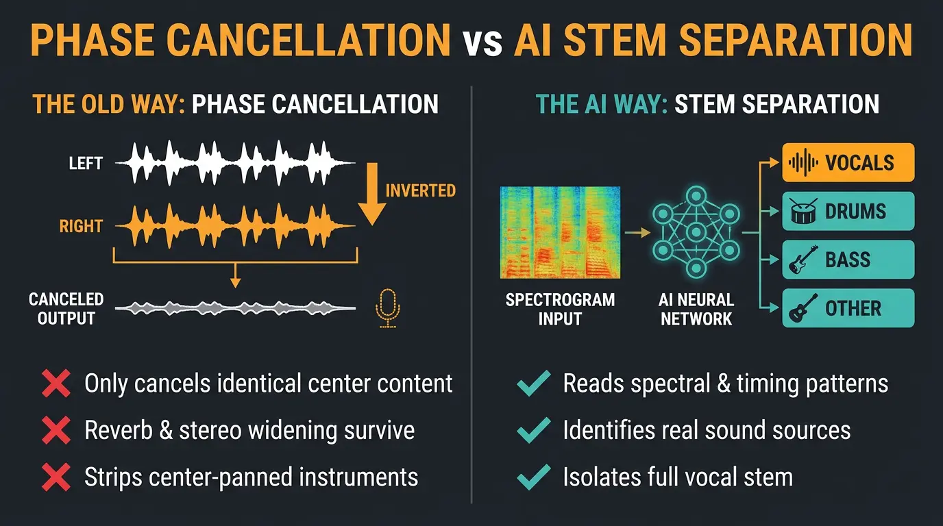 Infographic comparing phase cancellation (inverted stereo channels) with AI stem separation isolating a vocal stem.