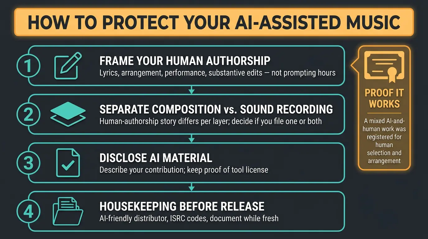 Infographic listing four steps to protect AI-assisted music: frame authorship, separate layers, disclose AI, do housekeeping.
