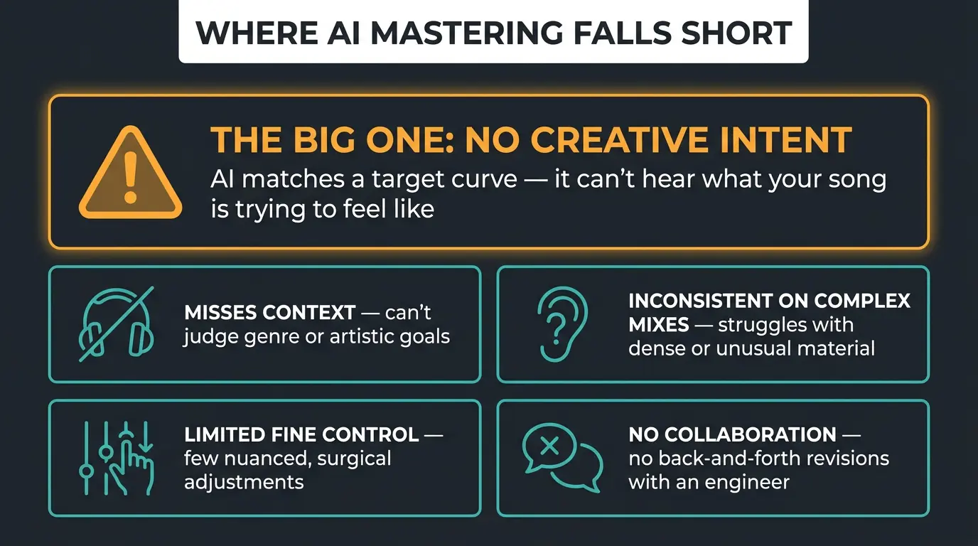 Infographic listing AI mastering limits: no creative intent, misses context, weak on complex mixes, limited control, no colla