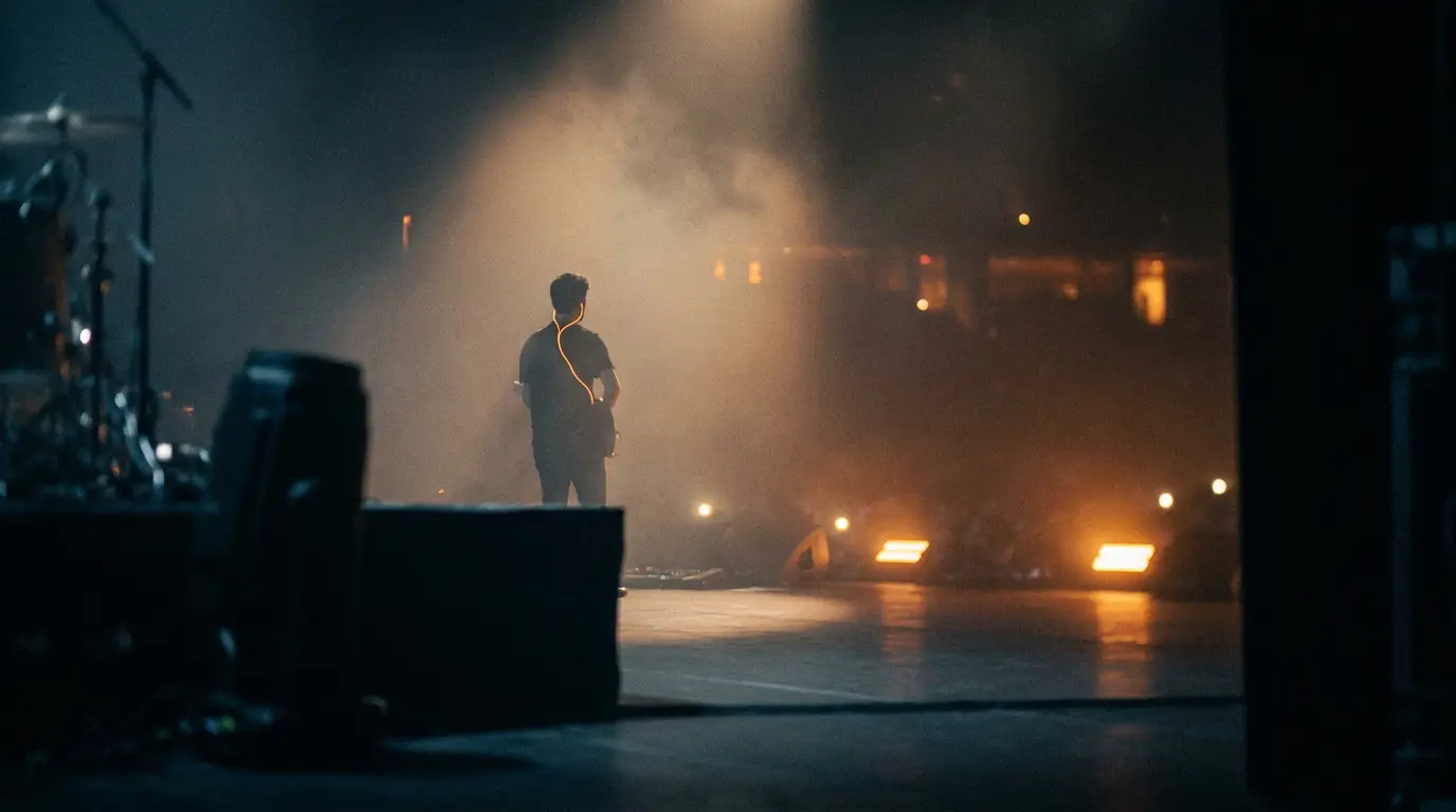 Lone silhouetted musician far across a foggy dark stage lit by distant warm amber lights, wearing in-ear monitors.