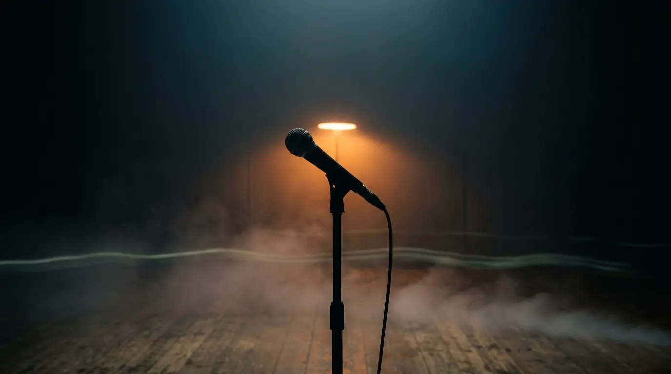 A lone vocal mic in a dark booth, warm light behind it, low fog and light trails drifting near the floor.