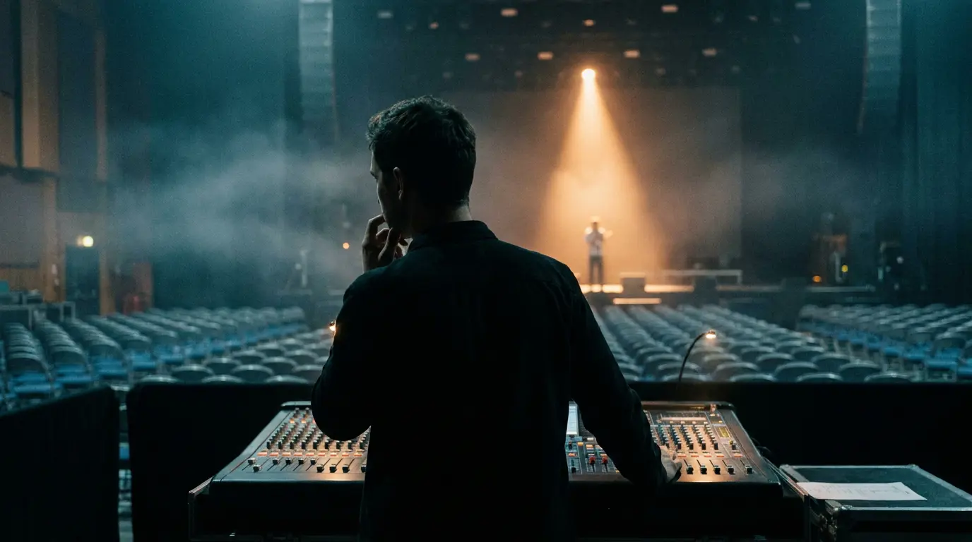 Silhouetted engineer at the back of a dark concert hall, distant vocalist lit by warm spotlight through haze.