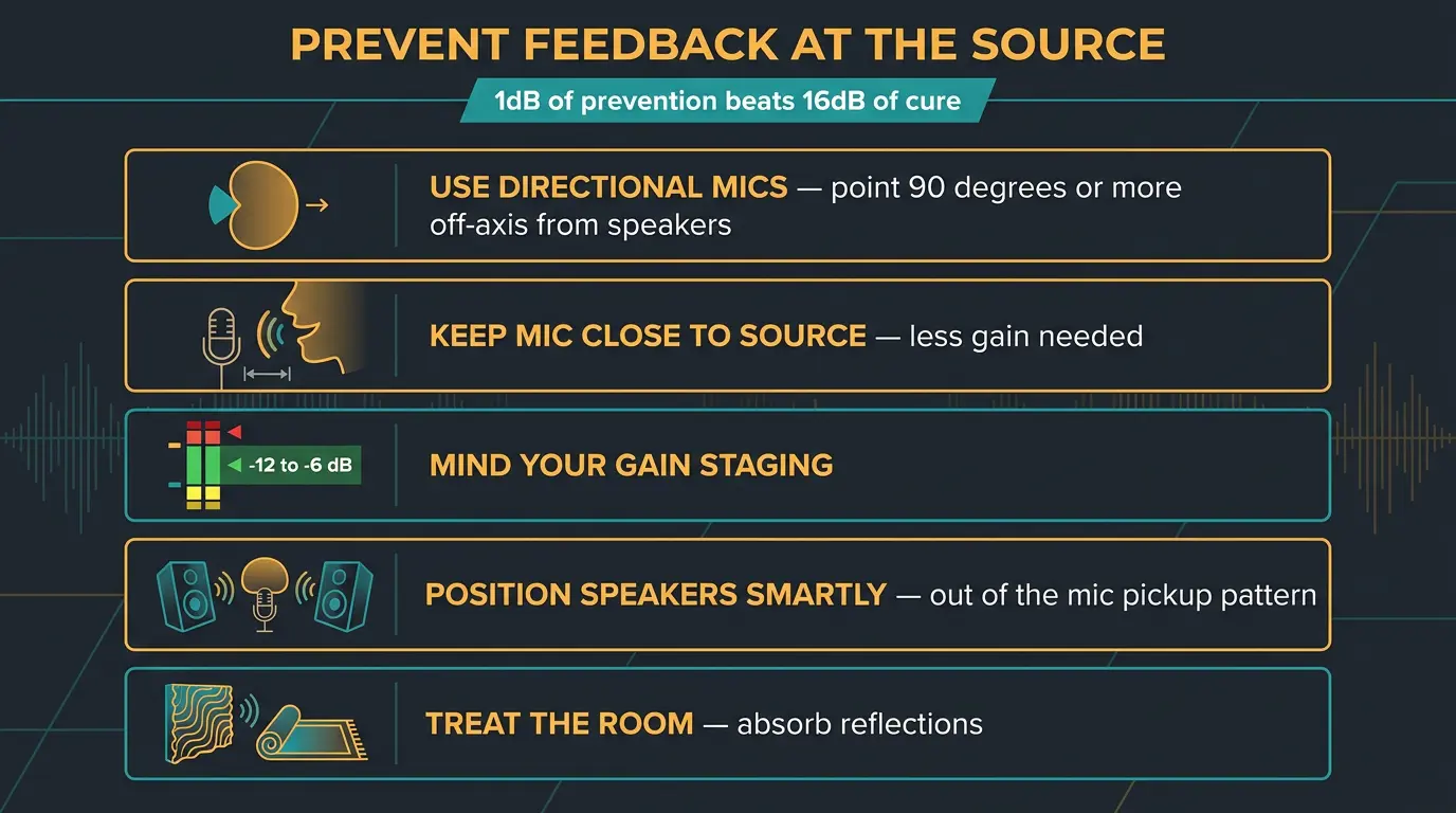 Infographic listing five ways to prevent mic feedback: directional mics, close miking, gain staging, speaker placement, room