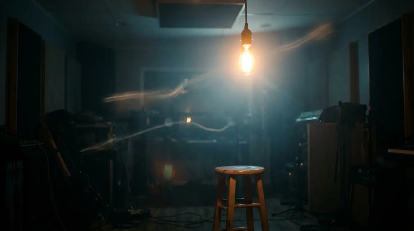 A single overexposed warm bulb blooming into harsh flare against cool blue studio darkness, light trails in haze.