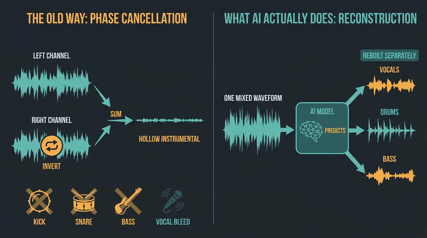 Infographic comparing old phase-cancellation vocal removal that hollows the mix versus AI predicting and rebuilding separate
