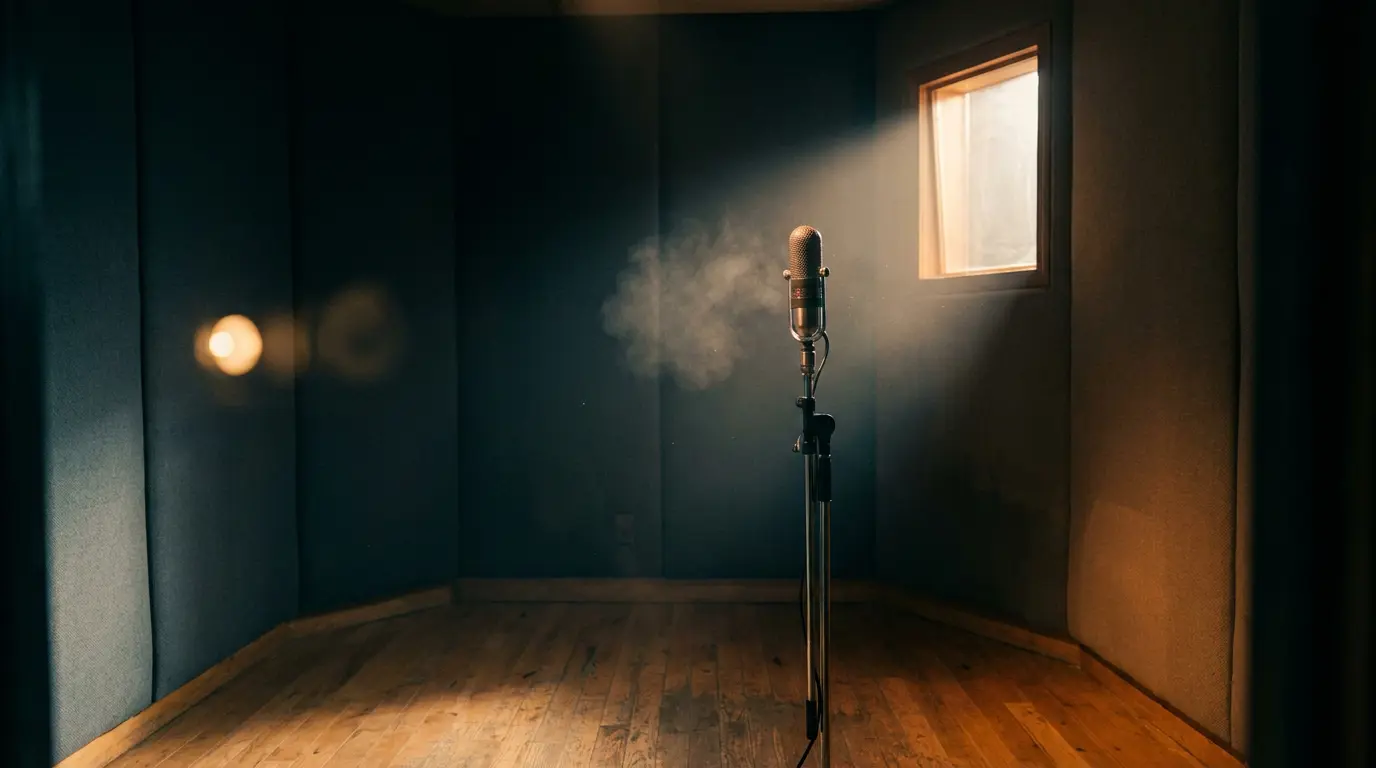 A lone microphone in a dim booth lit by a warm shaft of light through a control-room window, dust glowing.