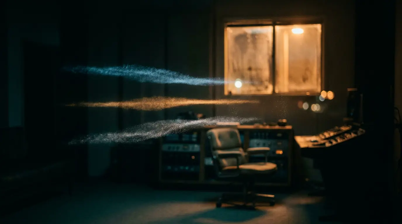 Three faint colored light bands floating in a dark studio near a warm glowing window and empty chair.