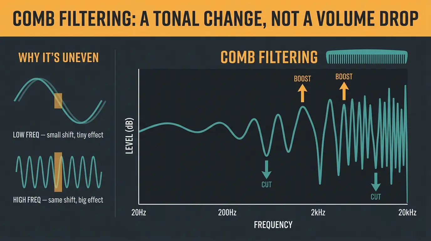 Infographic showing a comb-shaped frequency response with alternating boost peaks and cut valleys, plus low vs high wave timi