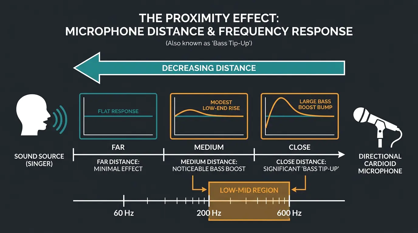Infographic showing a mic moving closer to a source, with low-frequency boost growing and a highlighted 200-600 Hz band.