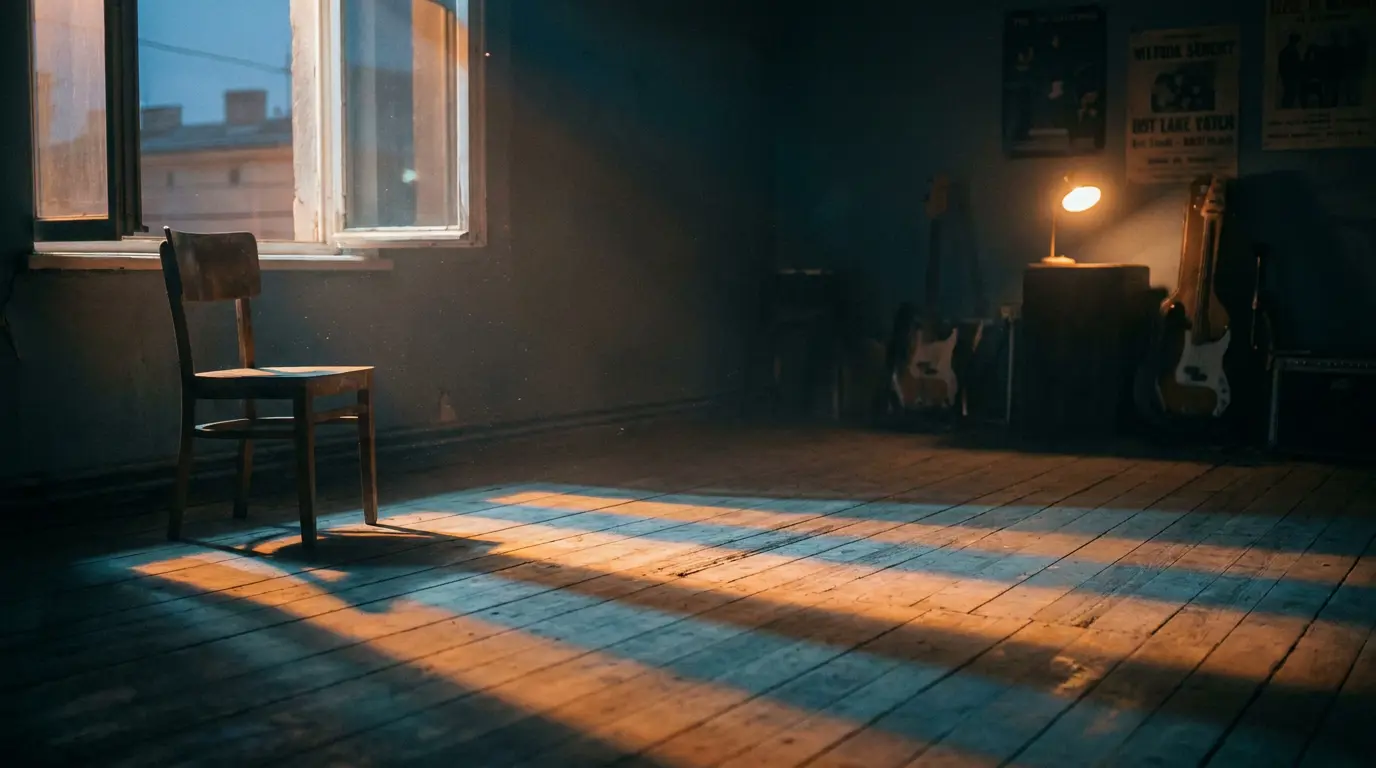Empty chair in a dim room with stacked bands of amber and blue light across the floor.