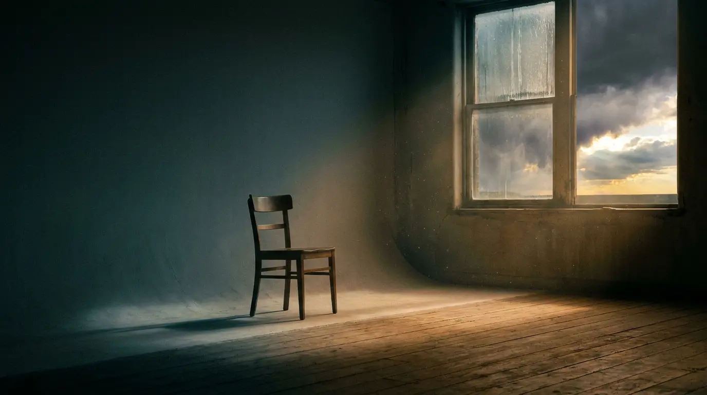 Dark studio room split between cool blue shadow and warm sunlight breaking through a window onto a wooden floor