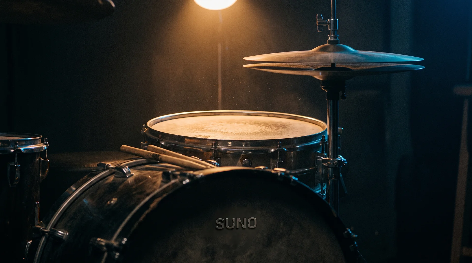 A vintage drum kit in a dark room, snare and hi-hat lit from above.